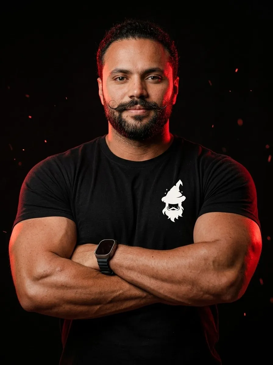 O Mago do Delivery de braços cruzados, com o mago estampado na camiseta